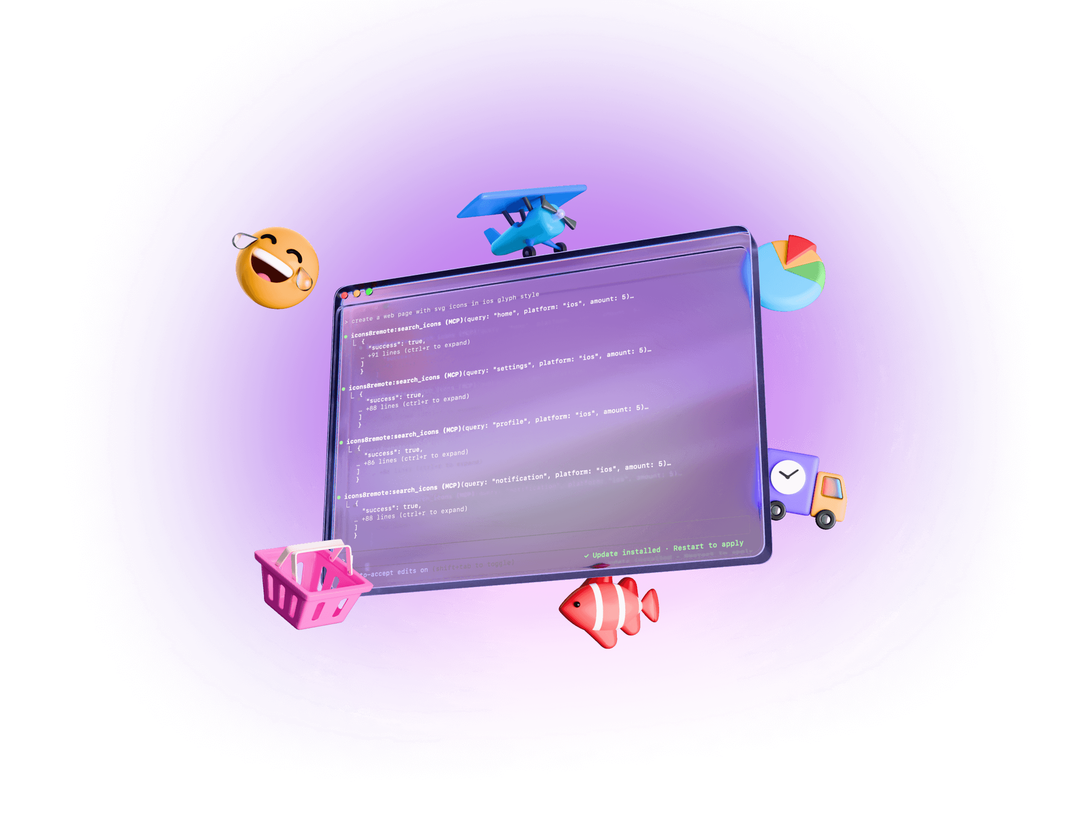 3D illustration of code editor with floating icons
