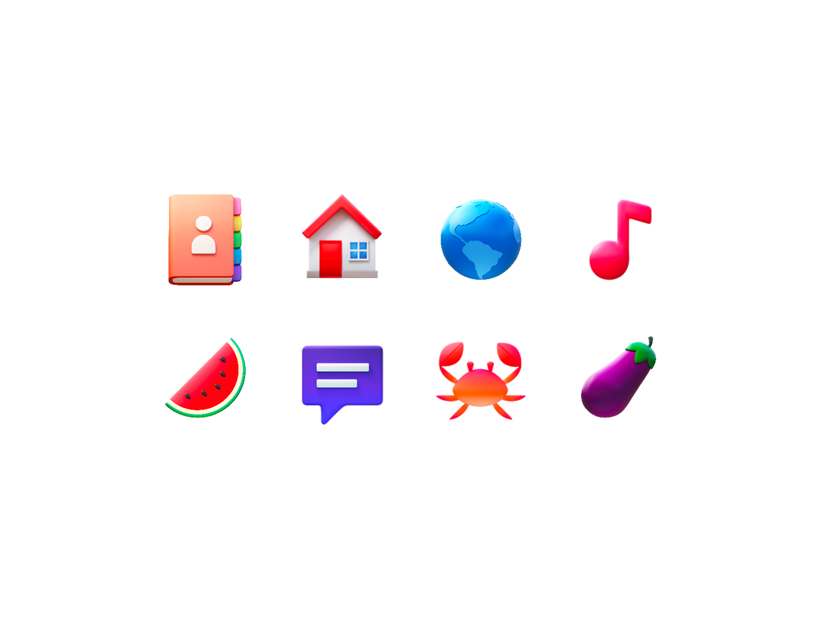 Colorful 3D emoji-style icons including address book, house, globe, music note, watermelon, chat bubble, crab, and eggplant