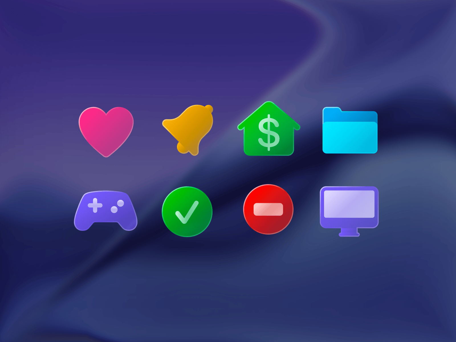 Semi-transparent gradient icons on dark background — heart, bell, dollar house, folder, game controller, check mark, minus sign, and monitor