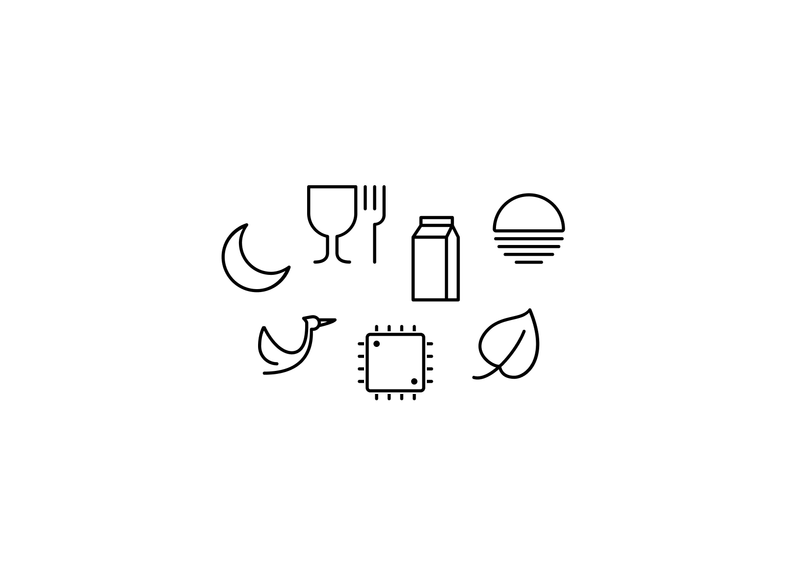 Minimal black line iOS 26 icons of moon, wine glass, fork, milk carton, sunset, bird, computer chip, and leaf