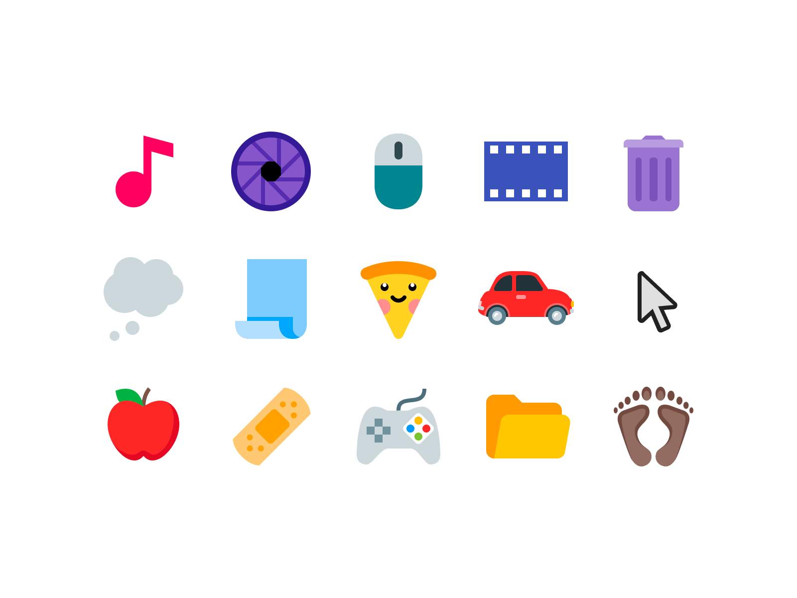 Flat colorful icons including music note, mouse, film strip, trash can, thought bubble, pizza slice, car, cursor, apple, bandage, gamepad, folder, and footprints