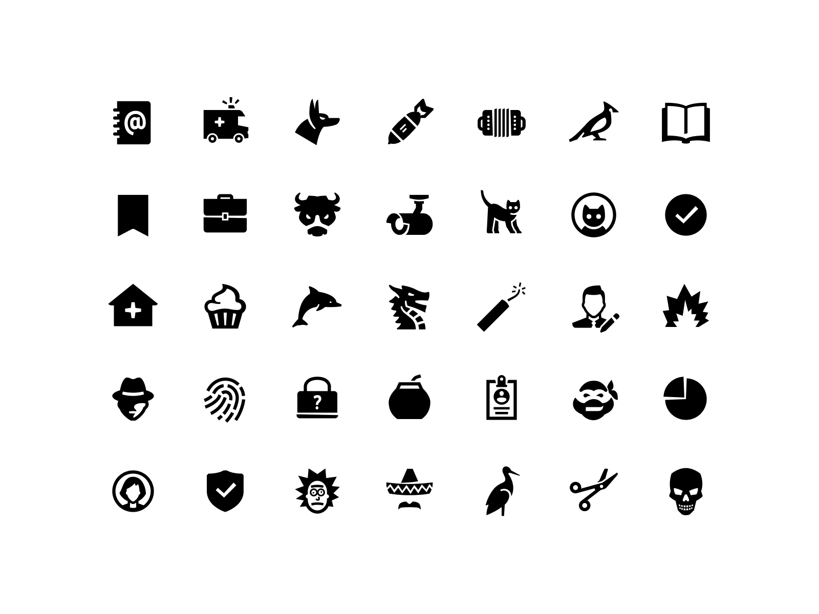 Black solid icons in grid layout, showing objects like ambulance, cat, book, cupcake, fingerprint, lock, wizard, pie chart, and more