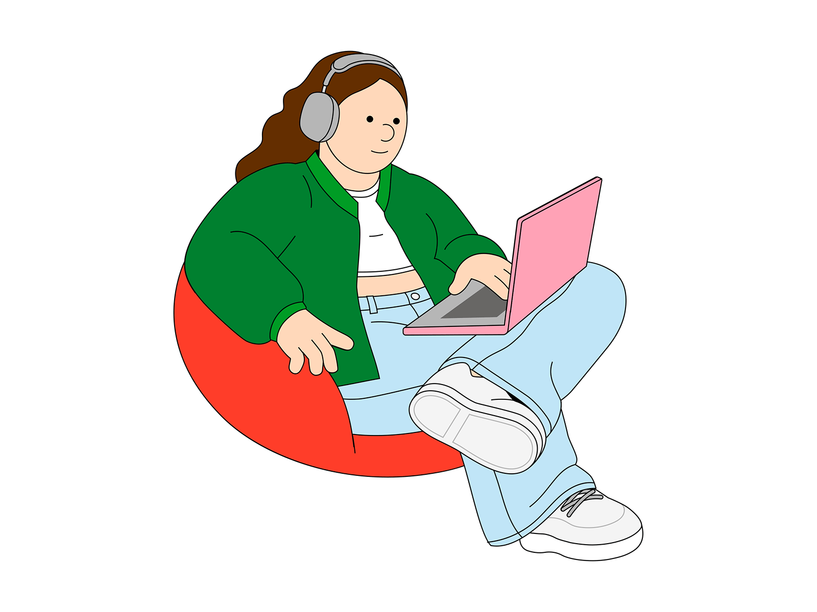 Flat illustration of a woman with headphones sitting on a beanbag chair and working on a laptop