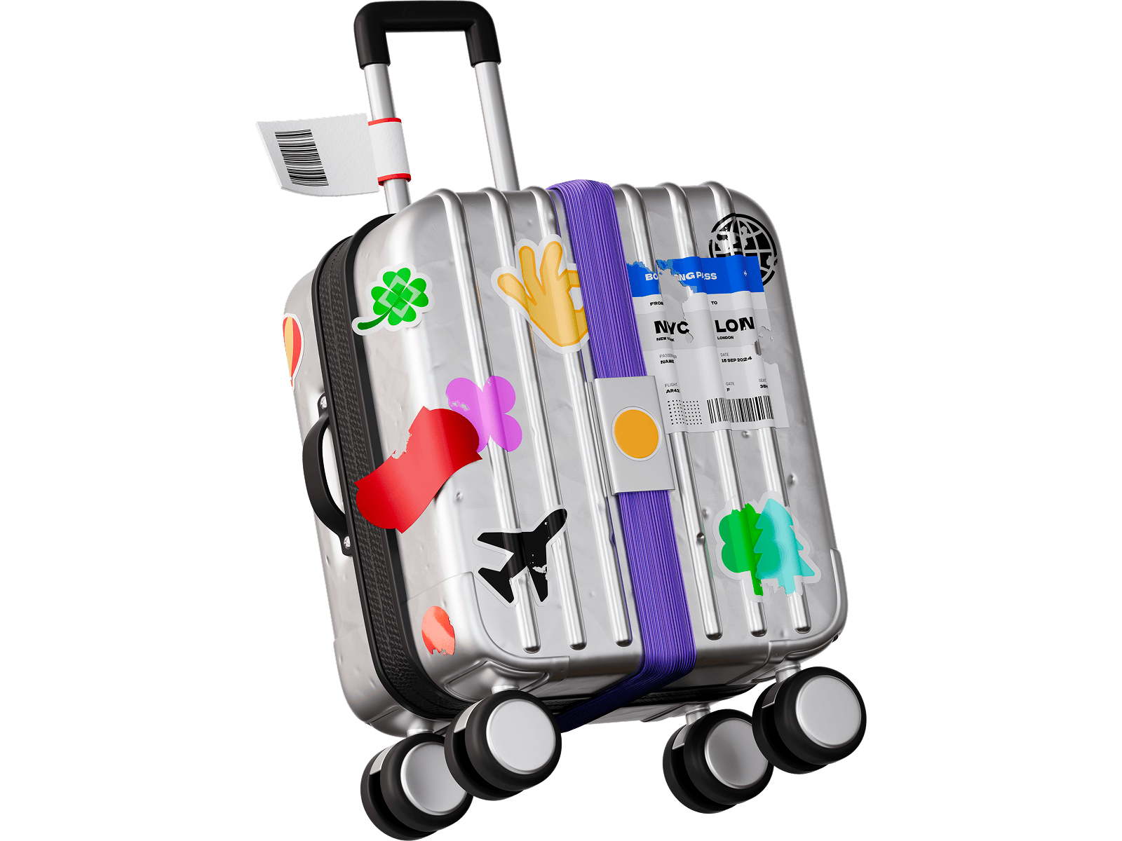 Realistic 3D rendering of a silver suitcase decorated with colorful stickers and airline baggage tags