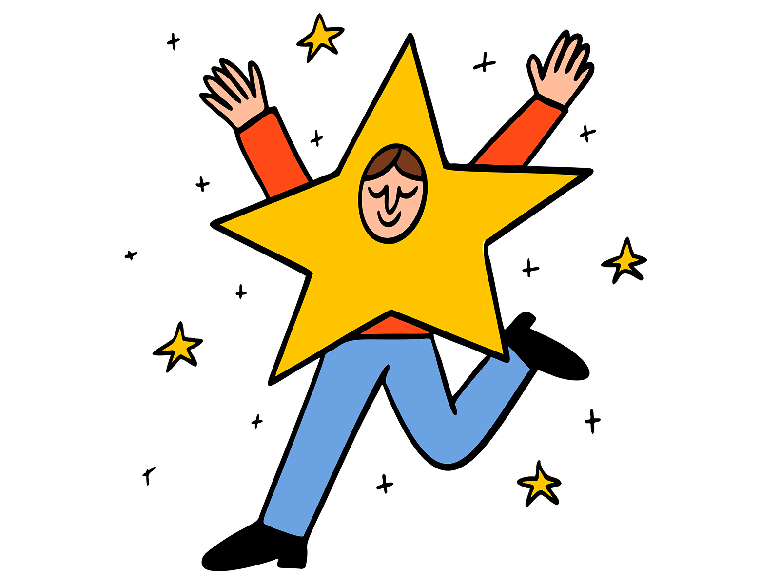 Playful cartoon illustration of a person in a yellow star costume surrounded by small stars