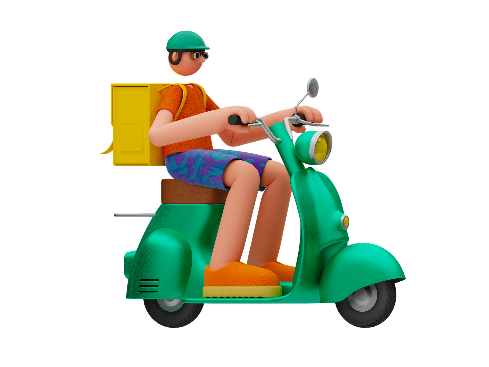 3D illustration of a delivery courier riding a green scooter with a yellow backpack
