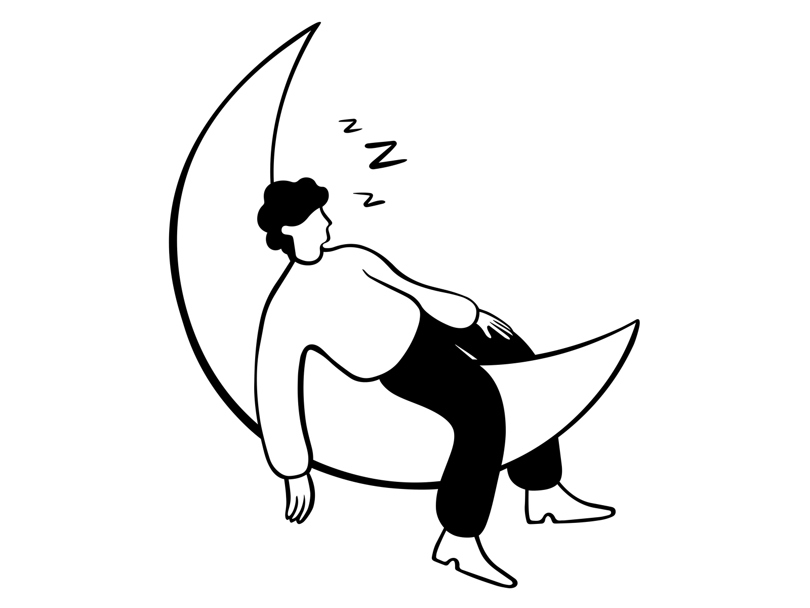 Minimal black and white illustration of a person sleeping on a crescent moon